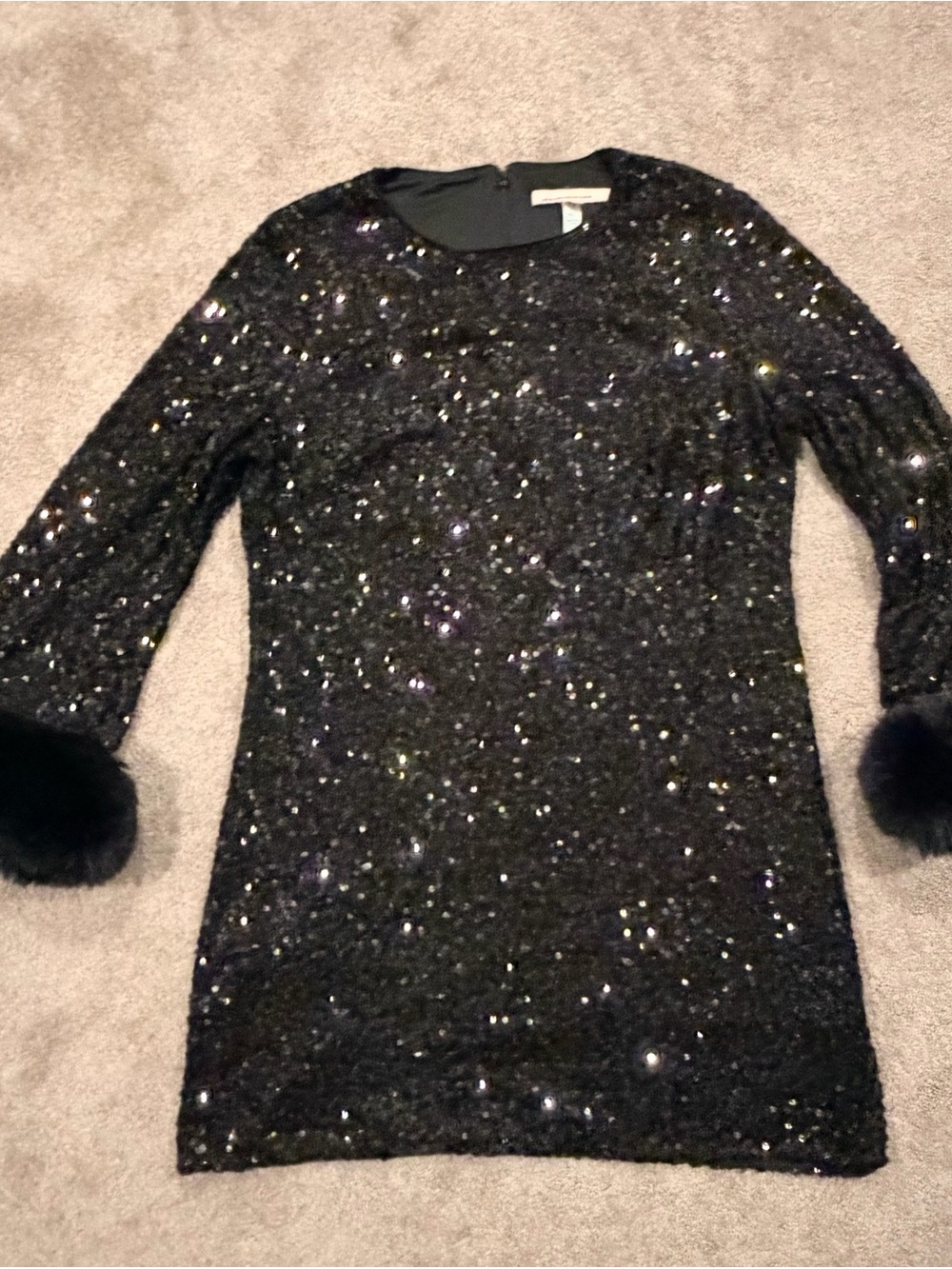 Hutch Anthropologie Black Sequin Faux Fur Cuff Mini Dress 1X Long Sleeve - Picture 3 of 11